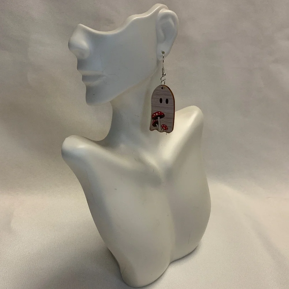NWT! Sweet and Simple Wooden Ghost Dangle Earrings with Mushrooms!
